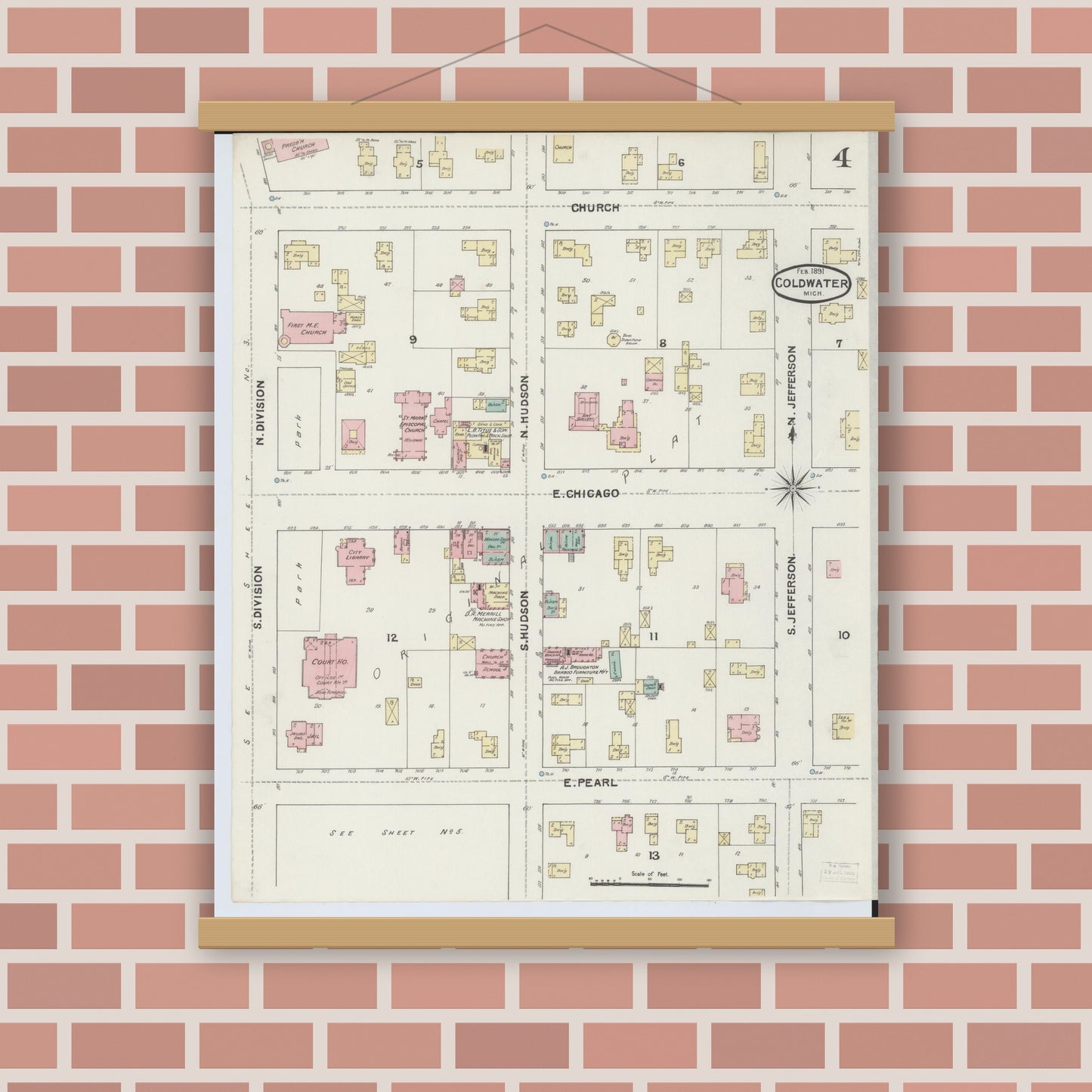 Old map wall art mockup — magnetic wood frame on brick wall — Sanborn Fire Insurance Map from Coldwater, Branch County, Michigan (1891), Sheet #0004