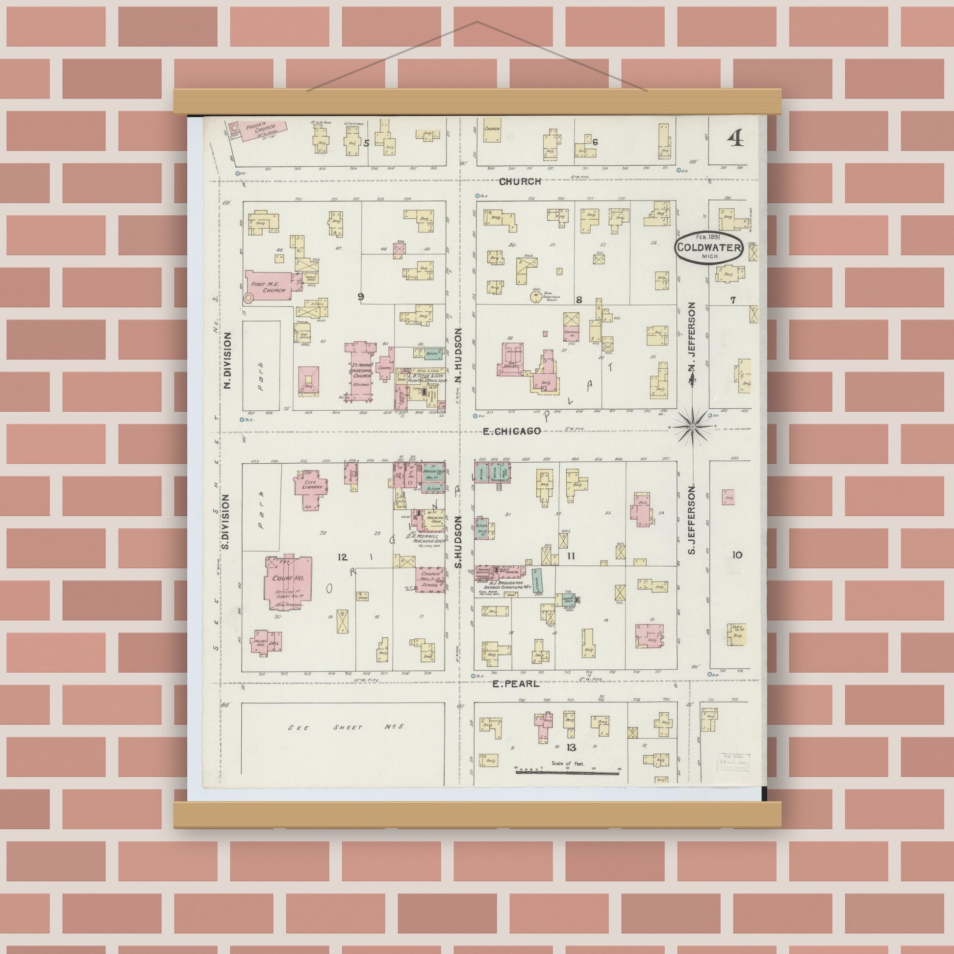 Old map wall art mockup — magnetic wood frame on brick wall — Sanborn Fire Insurance Map from Coldwater, Branch County, Michigan (1891), Sheet #0004