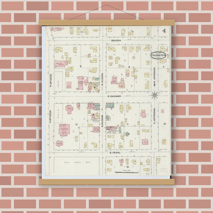 Old map wall art mockup — magnetic wood frame on brick wall — Sanborn Fire Insurance Map from Coldwater, Branch County, Michigan (1891), Sheet #0004