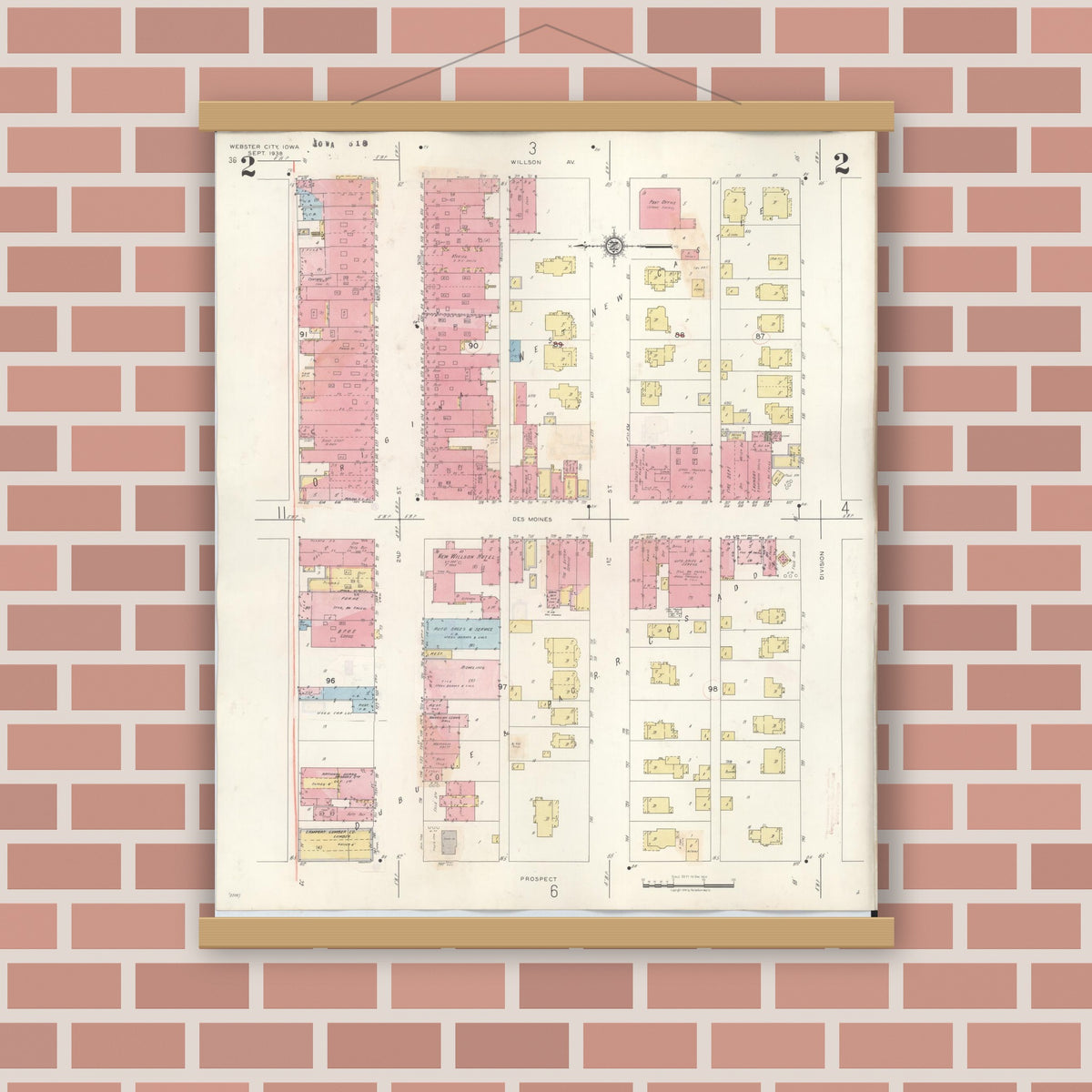 Old map wall art mockup — magnetic wood frame on brick wall — Sanborn Fire Insurance Map from Webster City, Hamilton County, Iowa (1950), Sheet #0002