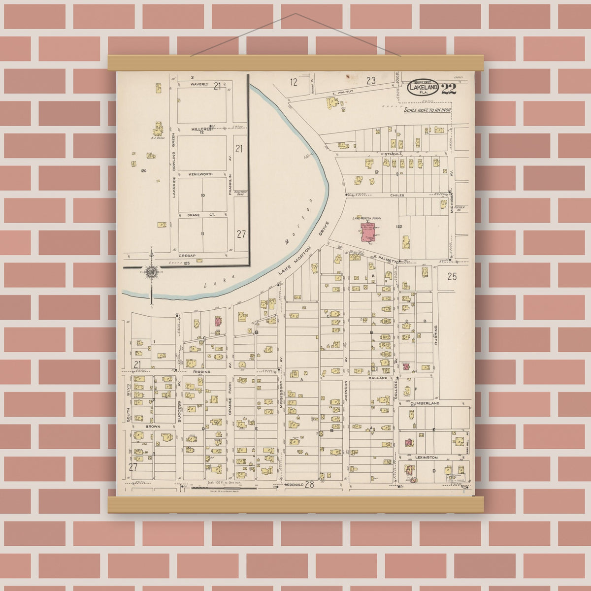 Old map wall art mockup — magnetic wood frame on brick wall — Sanborn Fire Insurance Map from Lakeland, Polk County, Florida (1922), Sheet #0022
