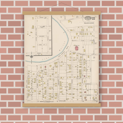 Old map wall art mockup — magnetic wood frame on brick wall — Sanborn Fire Insurance Map from Lakeland, Polk County, Florida (1922), Sheet #0022
