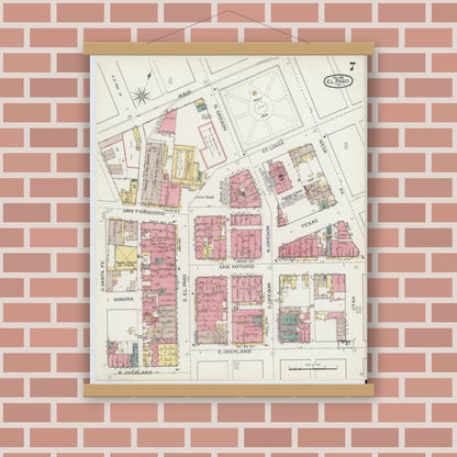 Old map wall art mockup — magnetic wood frame on brick wall — Sanborn Fire Insurance Map from El Paso, El Paso County, Texas (1893), Sheet #0007