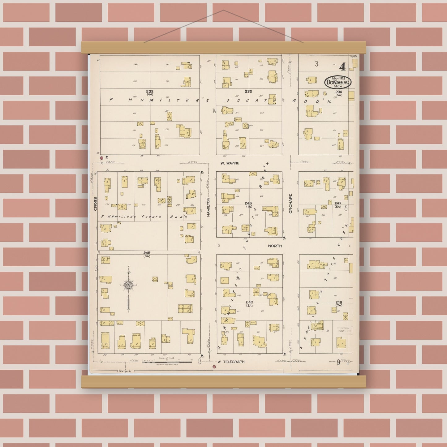 Old map wall art mockup — magnetic wood frame on brick wall — Sanborn Fire Insurance Map from Dowagiac, Cass County, Michigan (1922), Sheet #0004