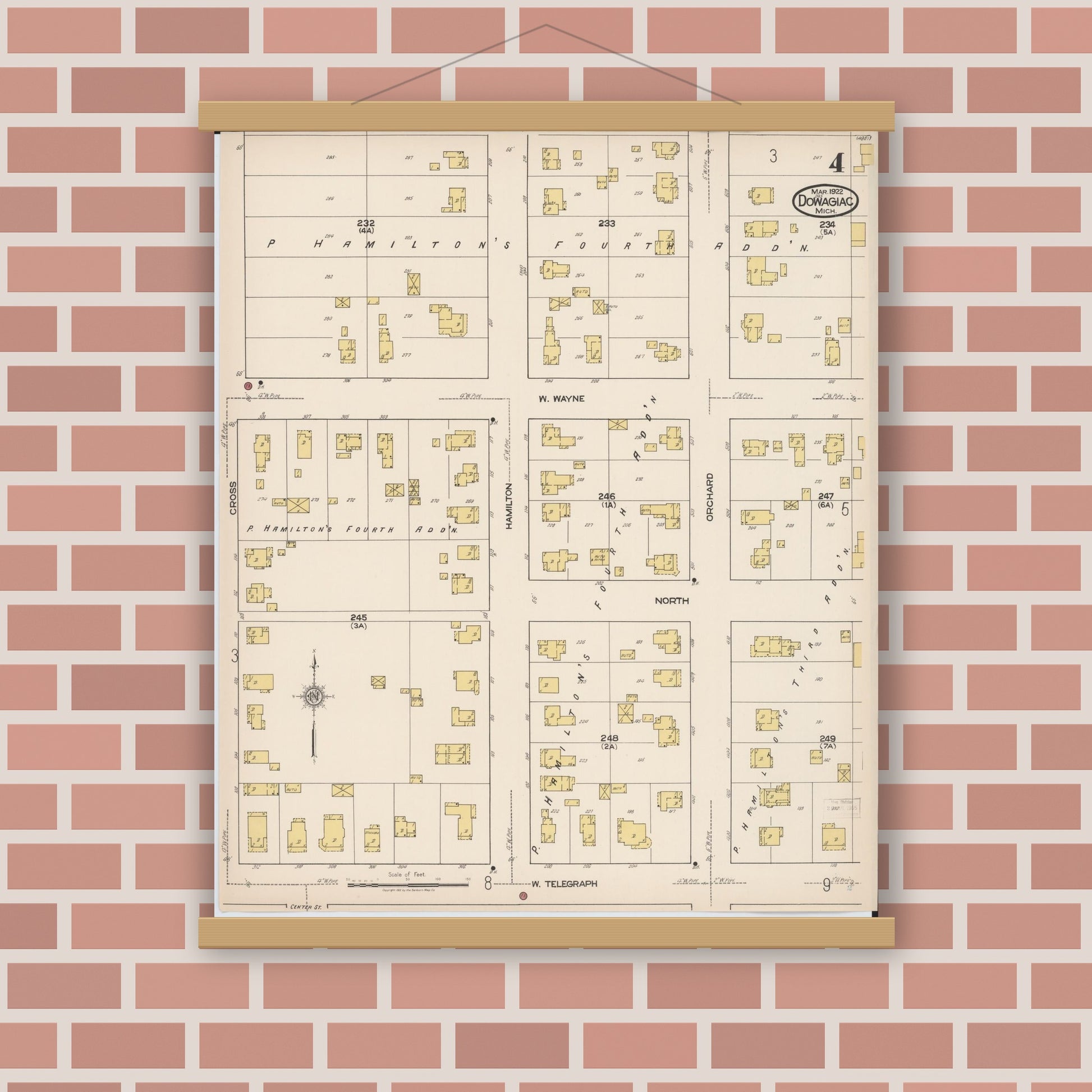 Old map wall art mockup — magnetic wood frame on brick wall — Sanborn Fire Insurance Map from Dowagiac, Cass County, Michigan (1922), Sheet #0004