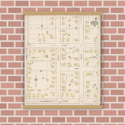 Old map wall art mockup — magnetic wood frame on brick wall — Sanborn Fire Insurance Map from Dowagiac, Cass County, Michigan (1922), Sheet #0004