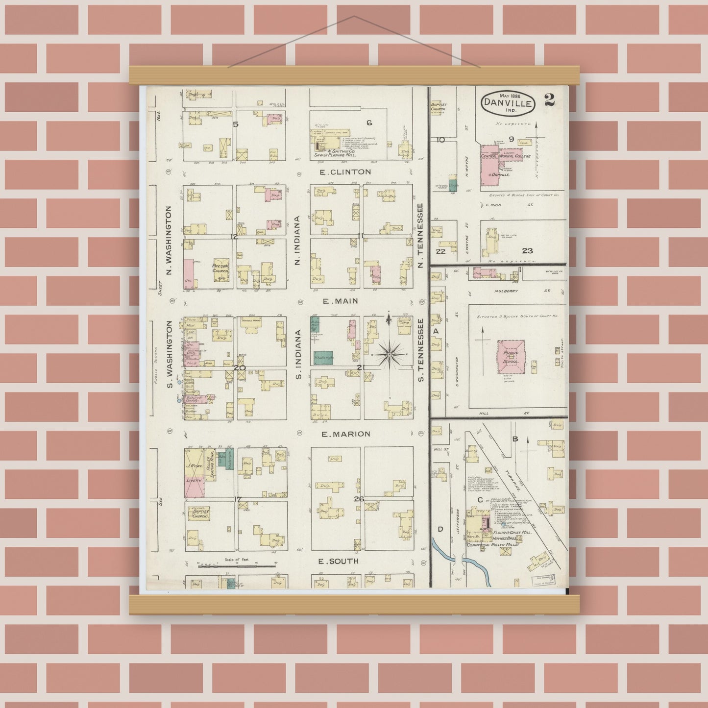 Old map wall art mockup — magnetic wood frame on brick wall — Sanborn Fire Insurance Map from Danville, Hendricks County, Indiana (1886), Sheet #0002