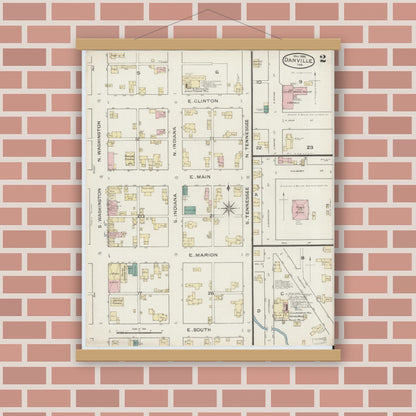 Old map wall art mockup — magnetic wood frame on brick wall — Sanborn Fire Insurance Map from Danville, Hendricks County, Indiana (1886), Sheet #0002
