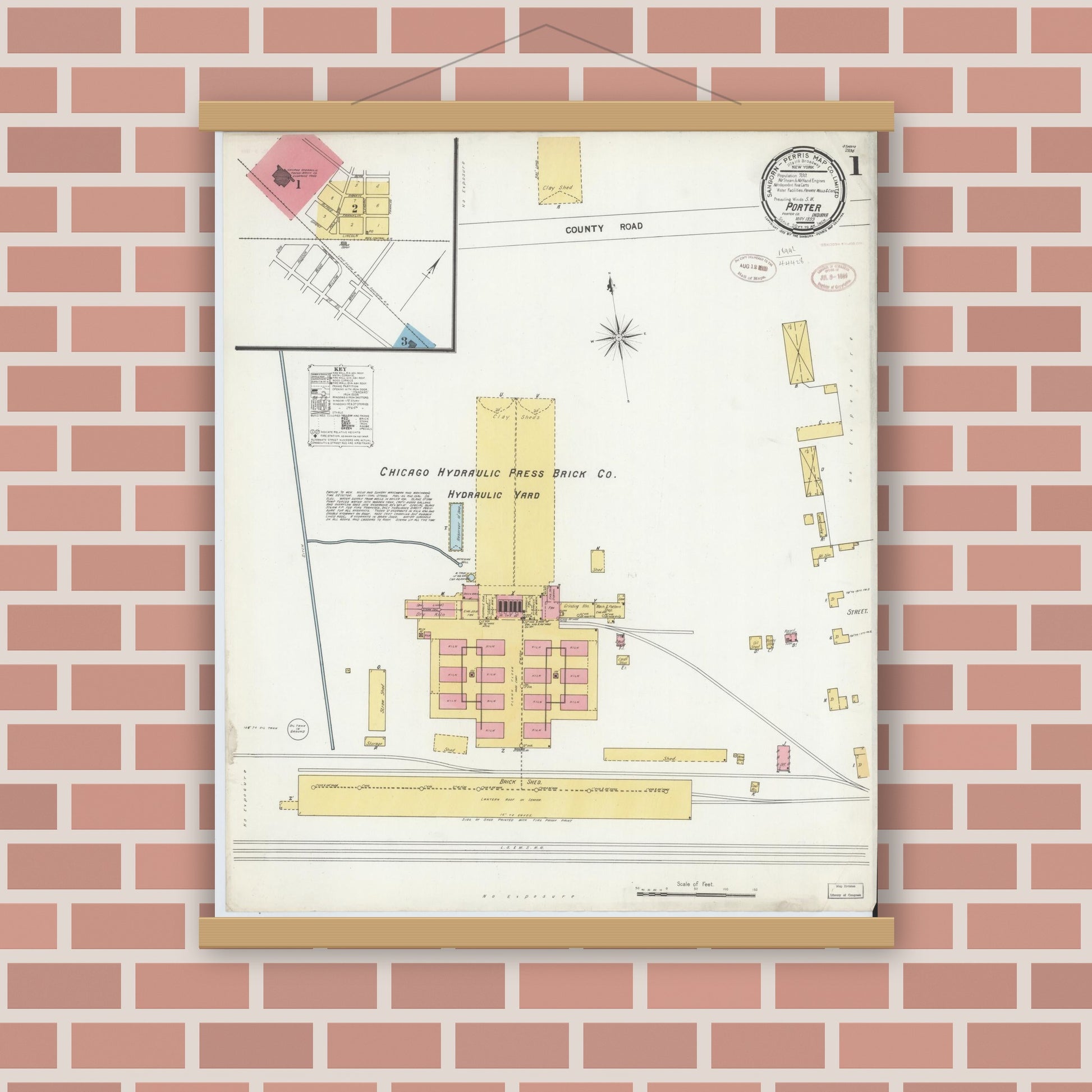 Old map wall art mockup — magnetic wood frame on brick wall — Sanborn Fire Insurance Map from Porter, Porter County, Indiana (1899), Sheet #0001