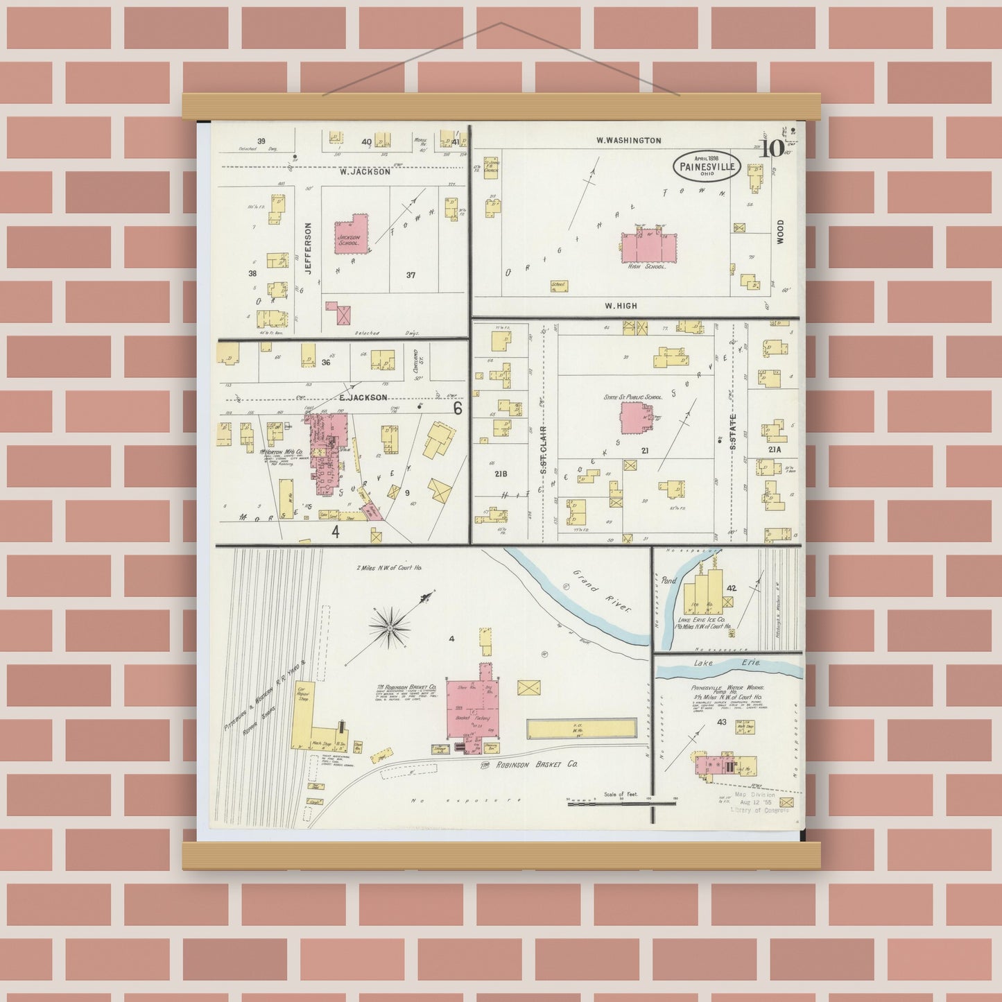 Old map wall art mockup — magnetic wood frame on brick wall — Sanborn Fire Insurance Map from Painesville, Lake County, Ohio (1898), Sheet #0010