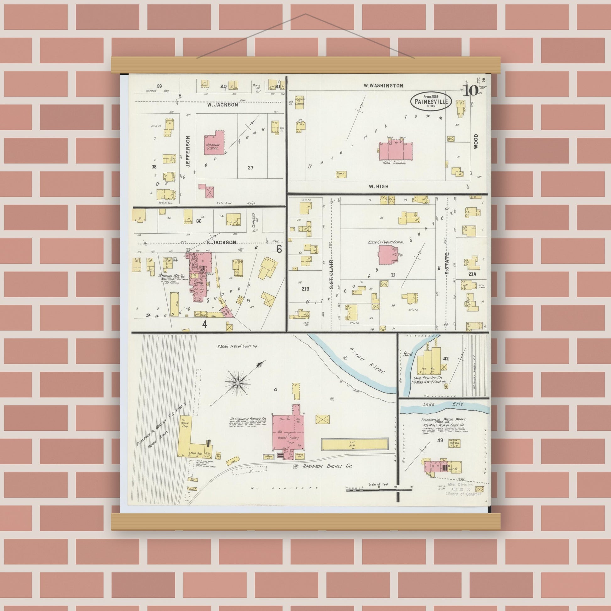 Old map wall art mockup — magnetic wood frame on brick wall — Sanborn Fire Insurance Map from Painesville, Lake County, Ohio (1898), Sheet #0010