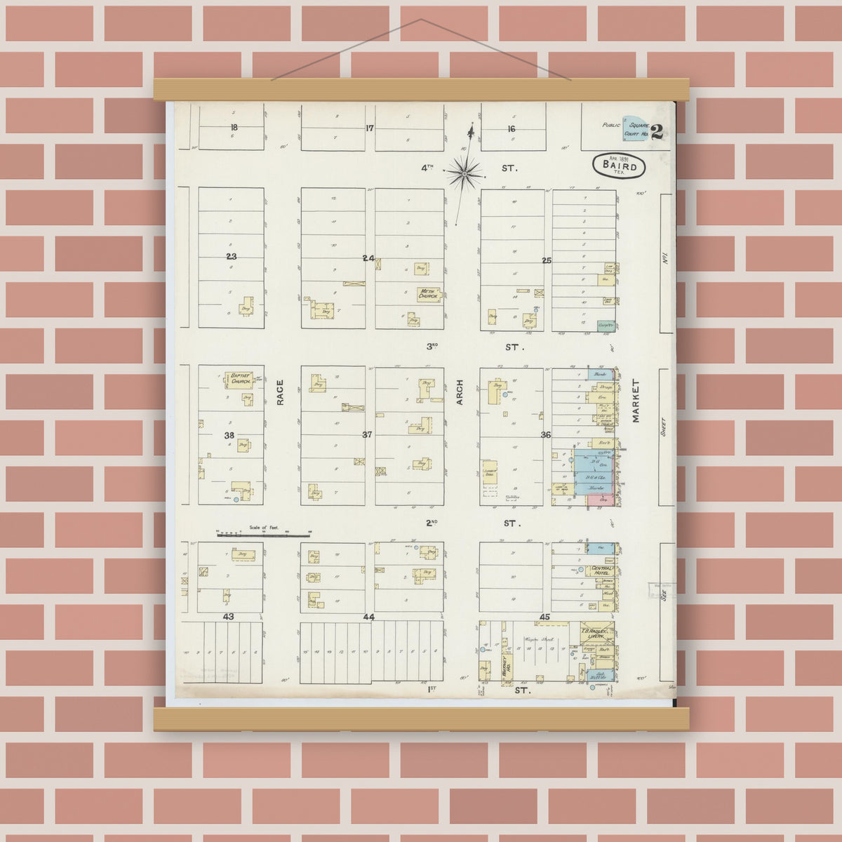 Old map wall art mockup — magnetic wood frame on brick wall — Sanborn Fire Insurance Map from Baird, Callahan County, Texas (1891), Sheet #0002