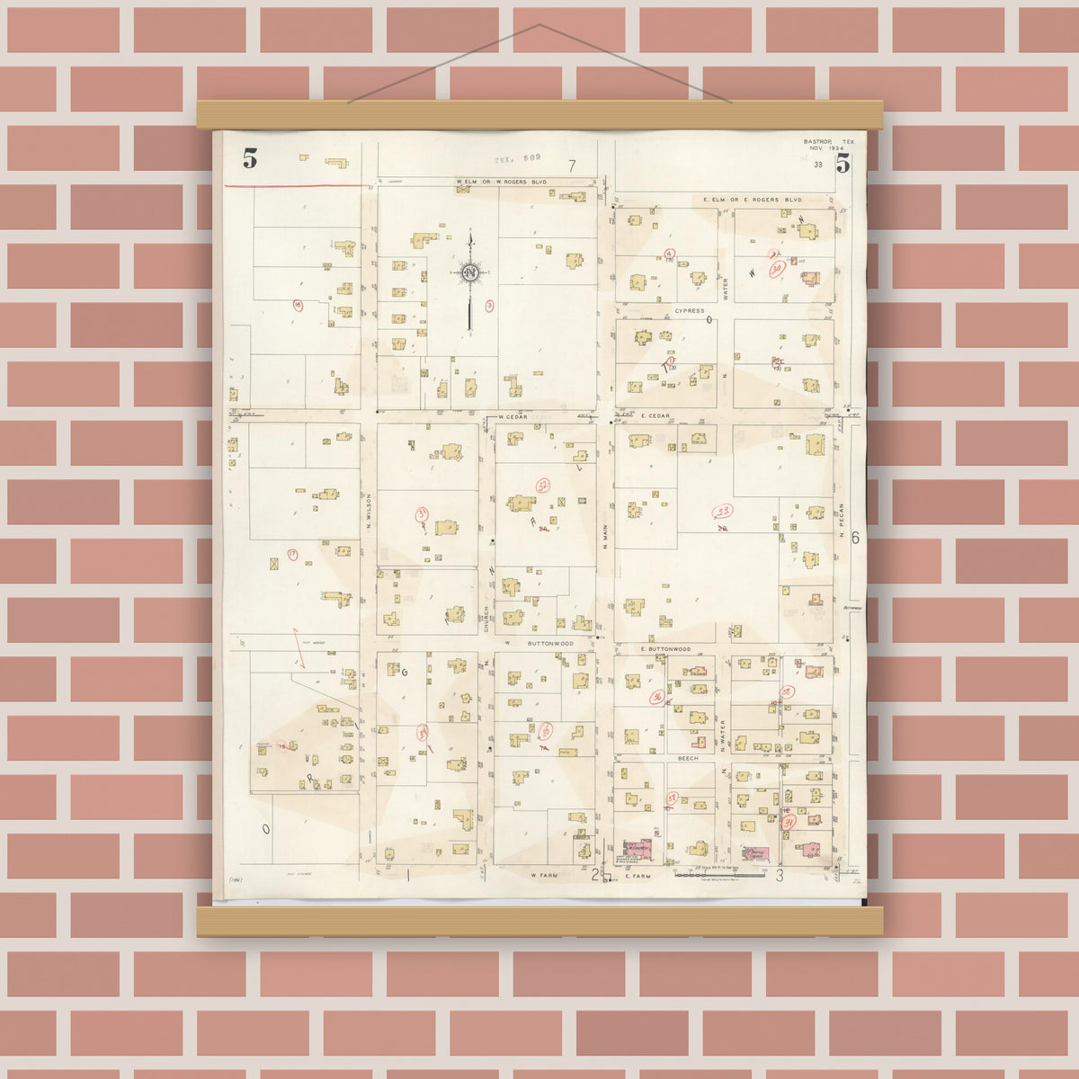 Old map wall art mockup — magnetic wood frame on brick wall — Sanborn Fire Insurance Map from Bastrop, Bastrop County, Texas (1944), Sheet #0005