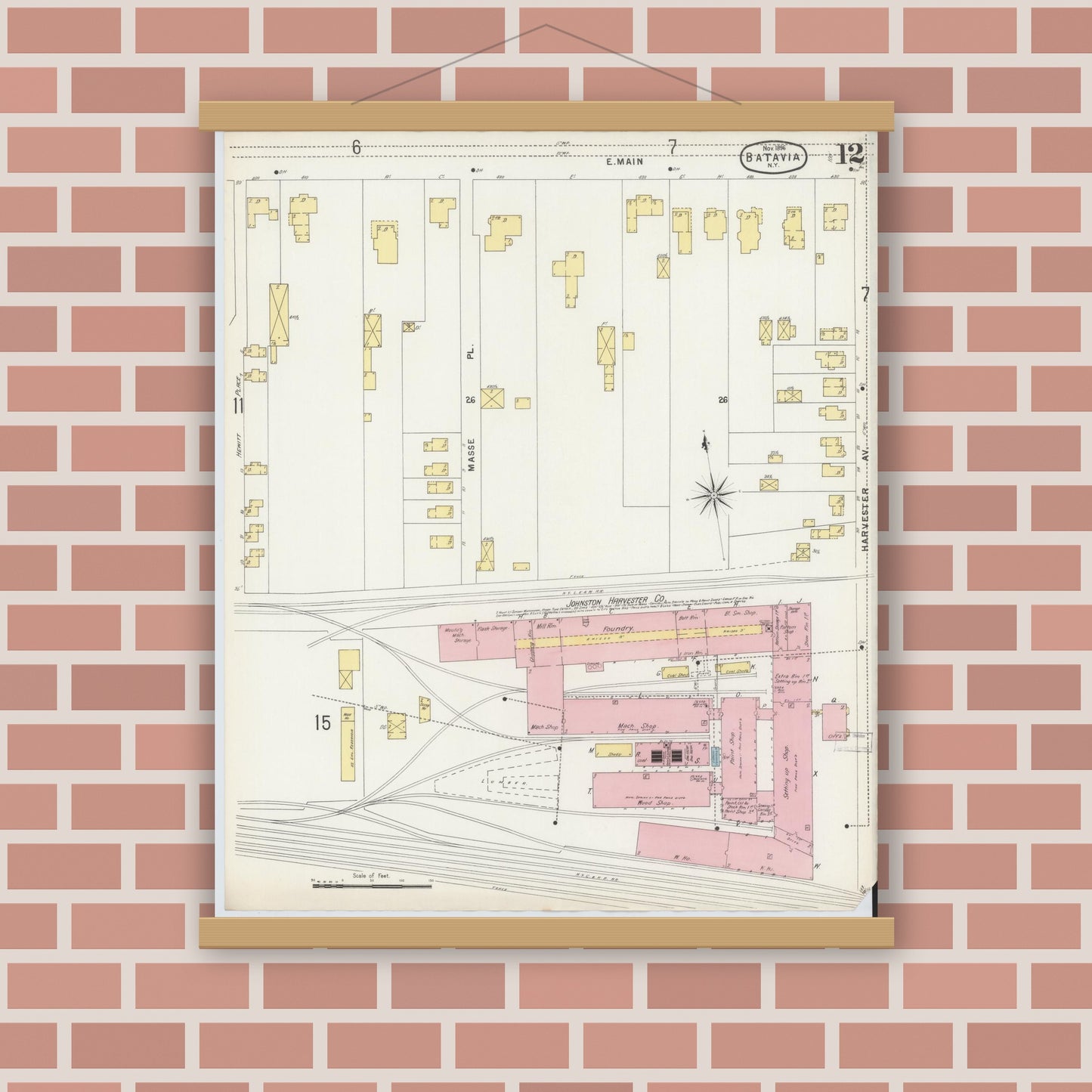 Old map wall art mockup — magnetic wood frame on brick wall — Sanborn Fire Insurance Map from Batavia, Genesee County, New York (1896), Sheet #0012