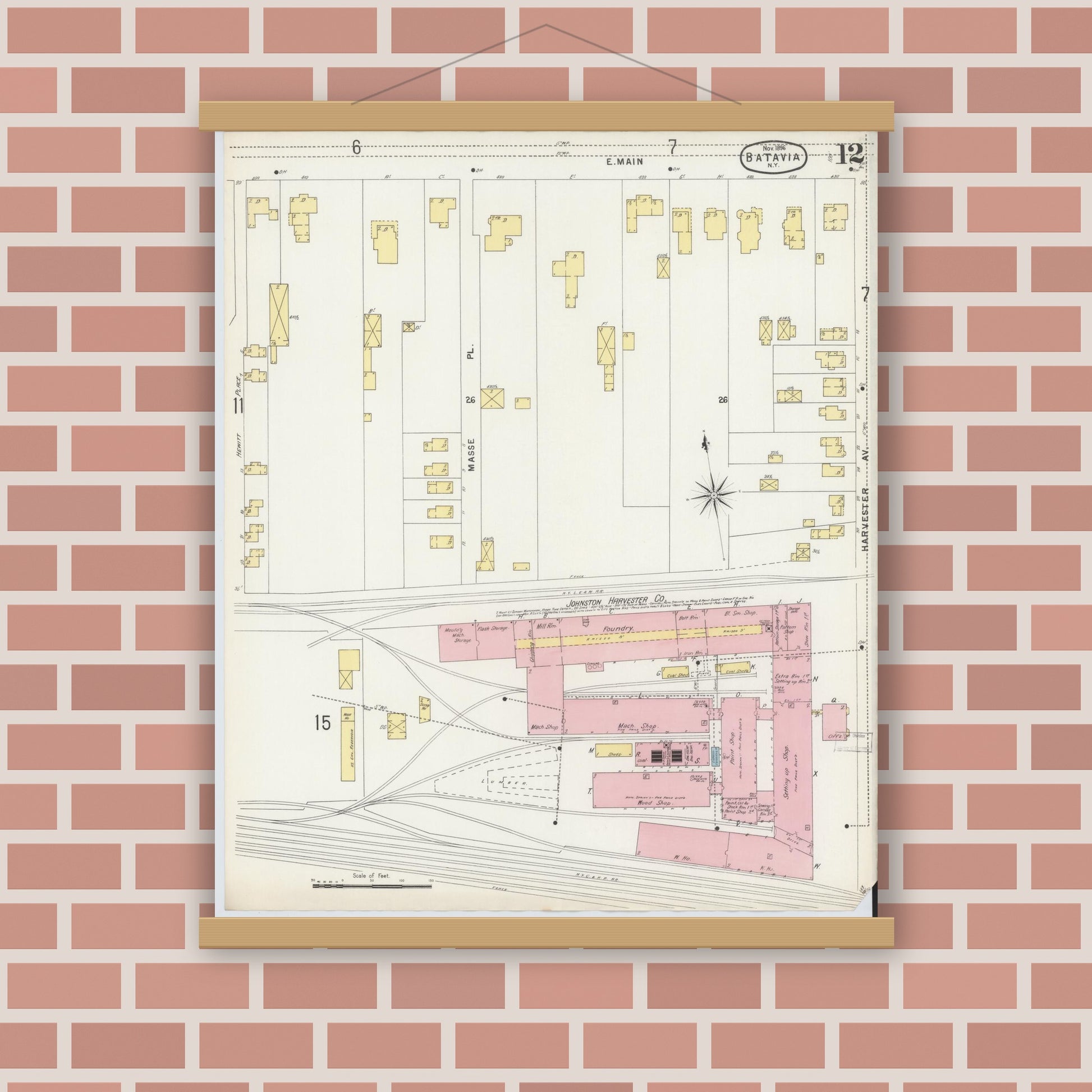 Old map wall art mockup — magnetic wood frame on brick wall — Sanborn Fire Insurance Map from Batavia, Genesee County, New York (1896), Sheet #0012