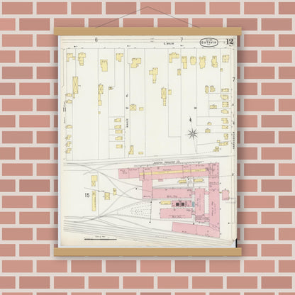 Old map wall art mockup — magnetic wood frame on brick wall — Sanborn Fire Insurance Map from Batavia, Genesee County, New York (1896), Sheet #0012