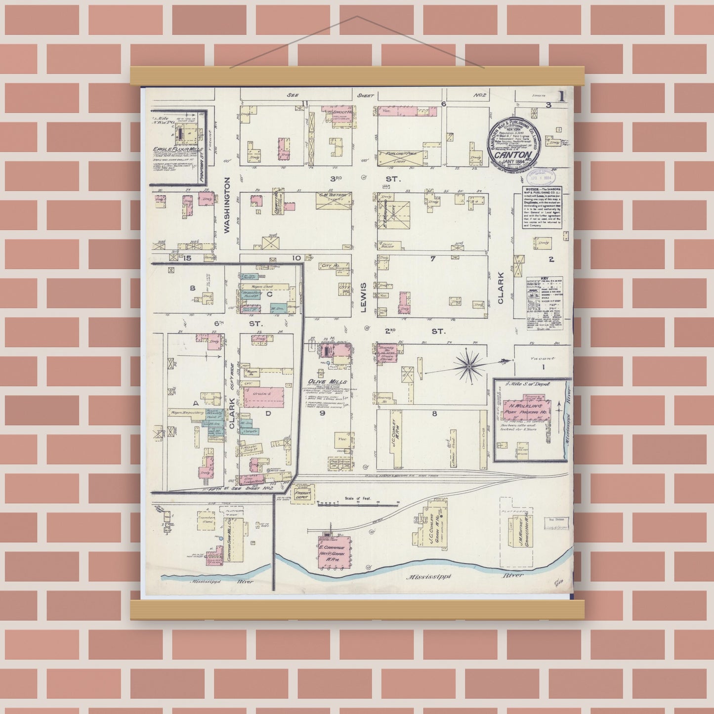 Old map wall art mockup — magnetic wood frame on brick wall — Sanborn Fire Insurance Map from Canton, Lewis County, Missouri (1884) - Complete Map Set