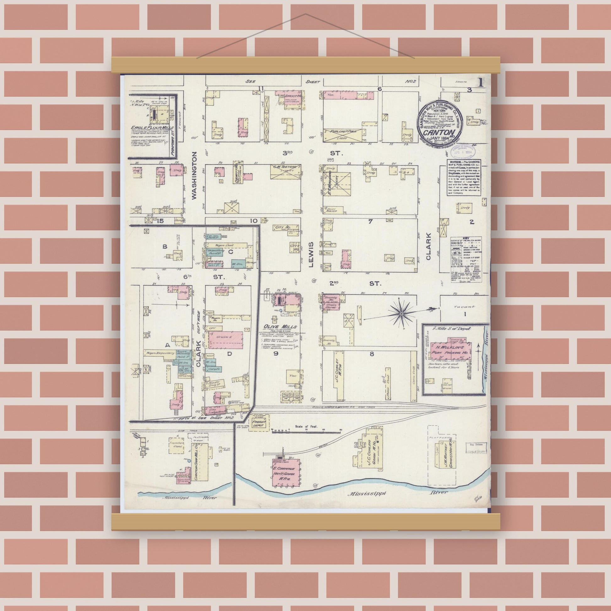 Old map wall art mockup — magnetic wood frame on brick wall — Sanborn Fire Insurance Map from Canton, Lewis County, Missouri (1884) - Complete Map Set