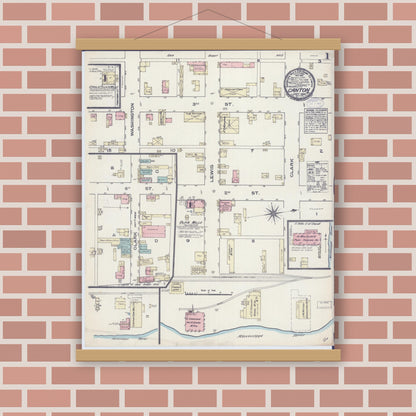 Old map wall art mockup — magnetic wood frame on brick wall — Sanborn Fire Insurance Map from Canton, Lewis County, Missouri (1884) - Complete Map Set