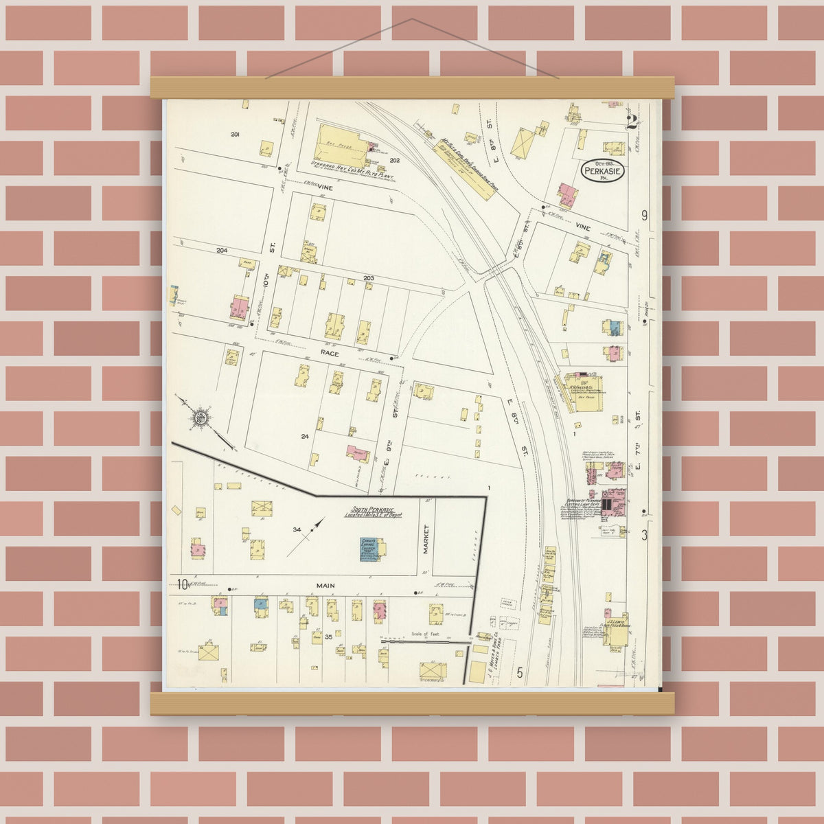 Old map wall art mockup — magnetic wood frame on brick wall — Sanborn Fire Insurance Map from Perkasie, Bucks County, Pennsylvania (1913), Sheet #0002
