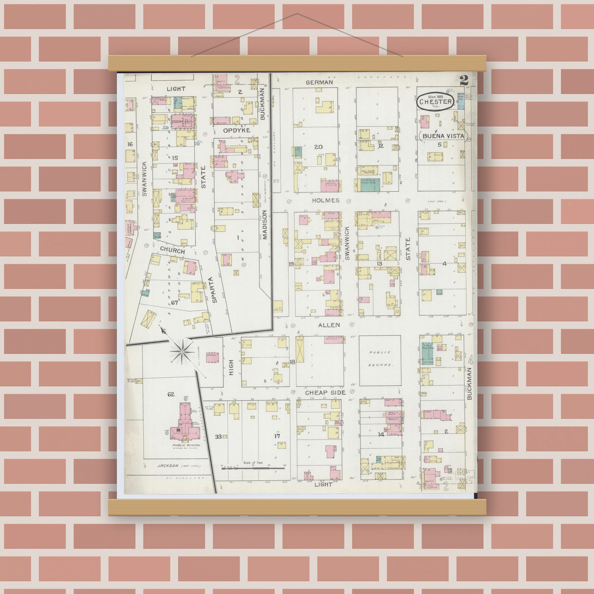 Old map wall art mockup — magnetic wood frame on brick wall — Sanborn Fire Insurance Map from Chester, Randolph County, Illinois (1886), Sheet #0002