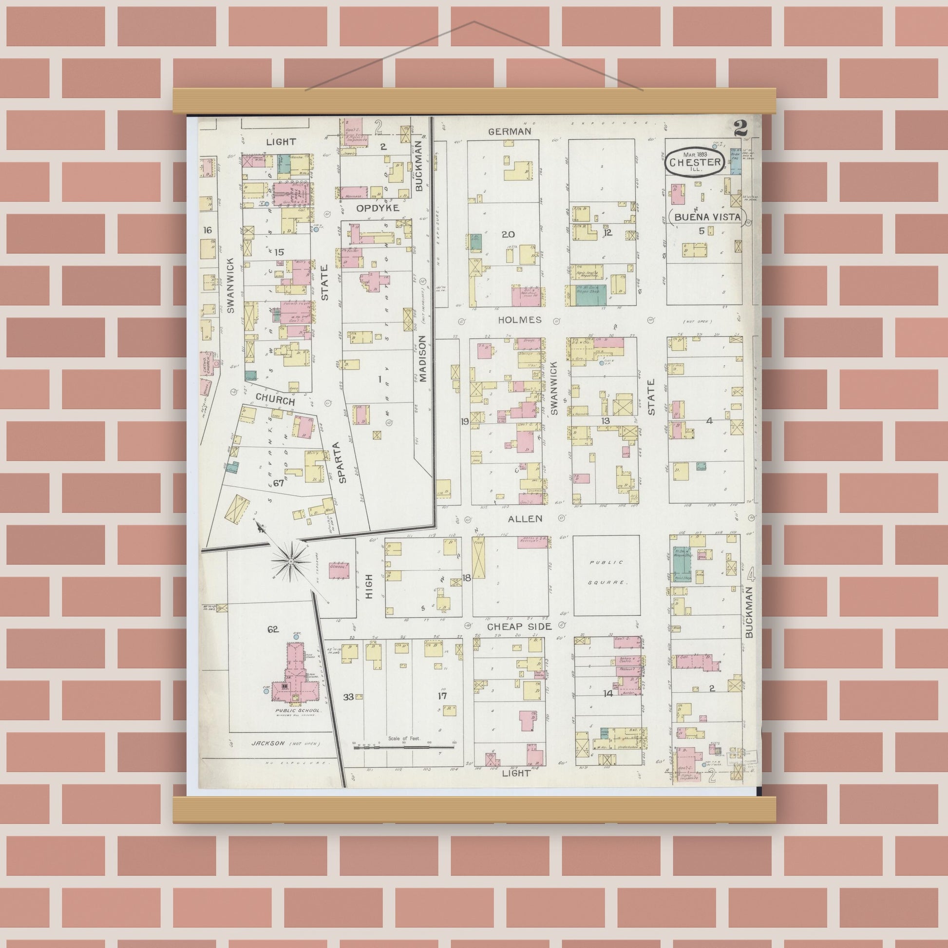 Old map wall art mockup — magnetic wood frame on brick wall — Sanborn Fire Insurance Map from Chester, Randolph County, Illinois (1886), Sheet #0002