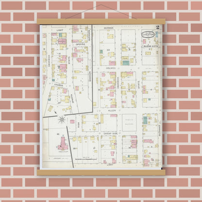 Old map wall art mockup — magnetic wood frame on brick wall — Sanborn Fire Insurance Map from Chester, Randolph County, Illinois (1886), Sheet #0002