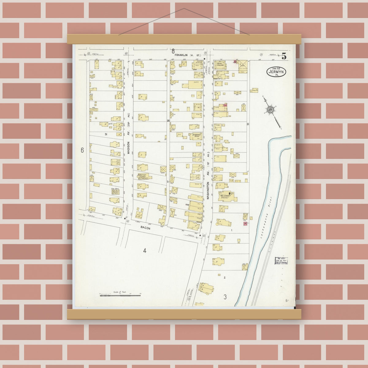 Old map wall art mockup — magnetic wood frame on brick wall — Sanborn Fire Insurance Map from Jermyn, Lackawanna County, Pennsylvania (1912), Sheet #0005
