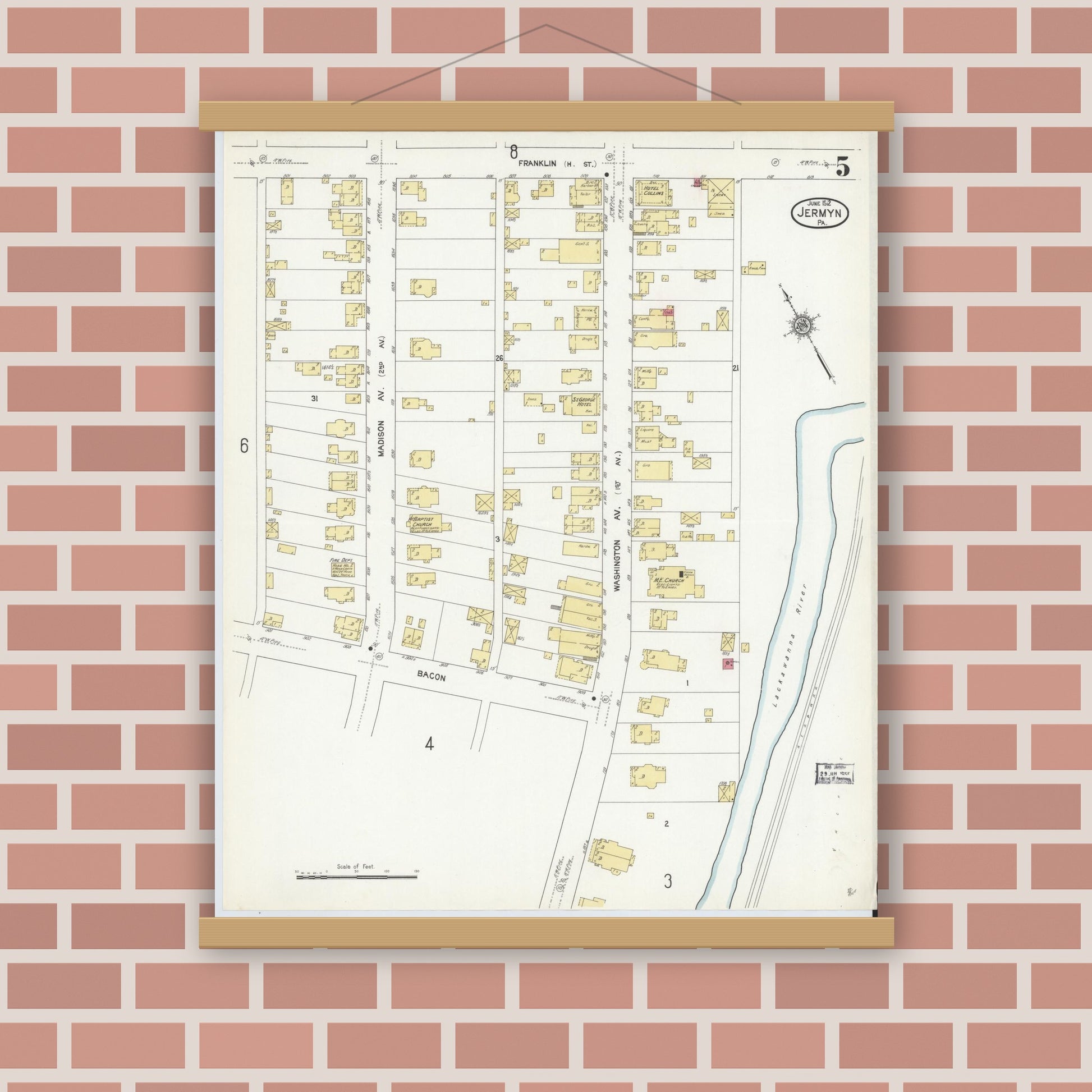 Old map wall art mockup — magnetic wood frame on brick wall — Sanborn Fire Insurance Map from Jermyn, Lackawanna County, Pennsylvania (1912), Sheet #0005