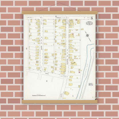 Old map wall art mockup — magnetic wood frame on brick wall — Sanborn Fire Insurance Map from Jermyn, Lackawanna County, Pennsylvania (1912), Sheet #0005