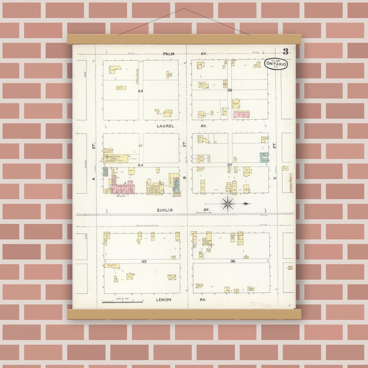 Old map wall art mockup — magnetic wood frame on brick wall — Sanborn Fire Insurance Map from Ontario, San Bernardino County, California (1891), Sheet #0003