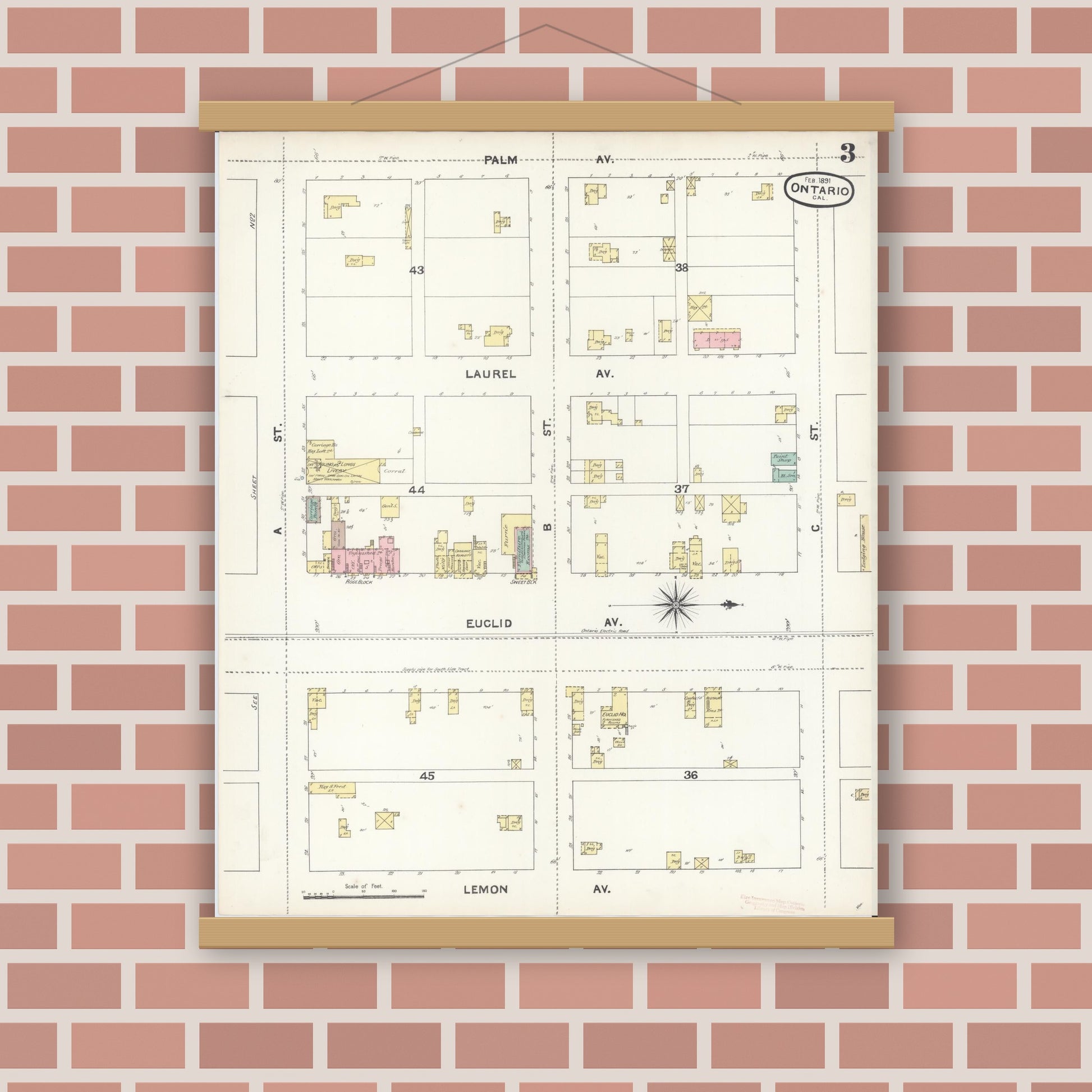 Old map wall art mockup — magnetic wood frame on brick wall — Sanborn Fire Insurance Map from Ontario, San Bernardino County, California (1891), Sheet #0003