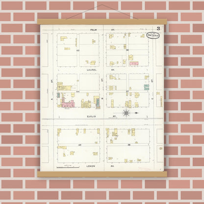 Old map wall art mockup — magnetic wood frame on brick wall — Sanborn Fire Insurance Map from Ontario, San Bernardino County, California (1891), Sheet #0003