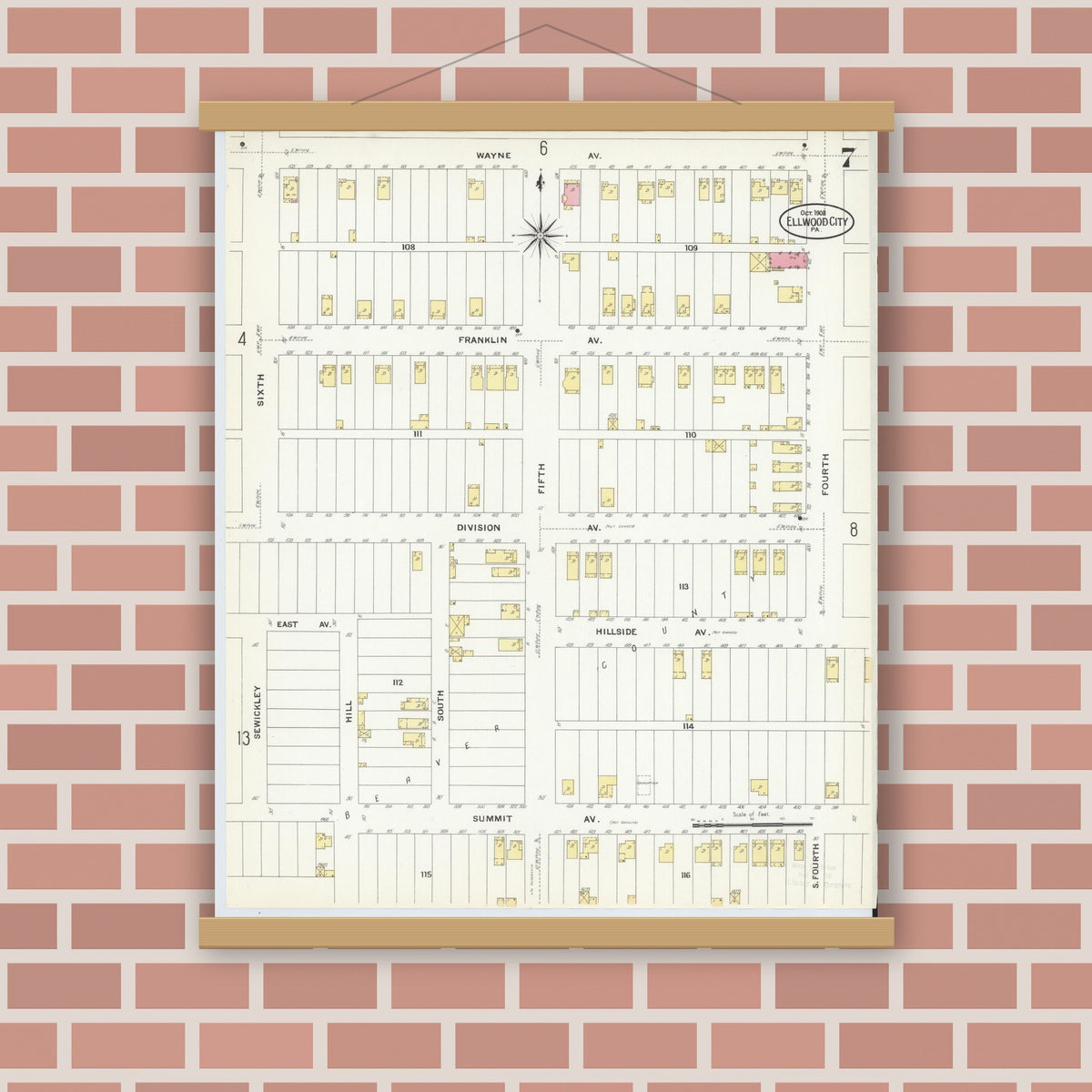 Old map wall art mockup — magnetic wood frame on brick wall — Sanborn Fire Insurance Map from Ellwood City, Lawrence County, Pennsylvania (1908), Sheet #0007
