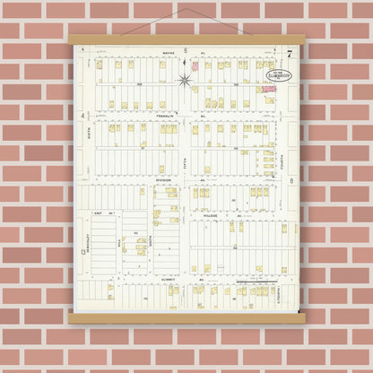 Old map wall art mockup — magnetic wood frame on brick wall — Sanborn Fire Insurance Map from Ellwood City, Lawrence County, Pennsylvania (1908), Sheet #0007