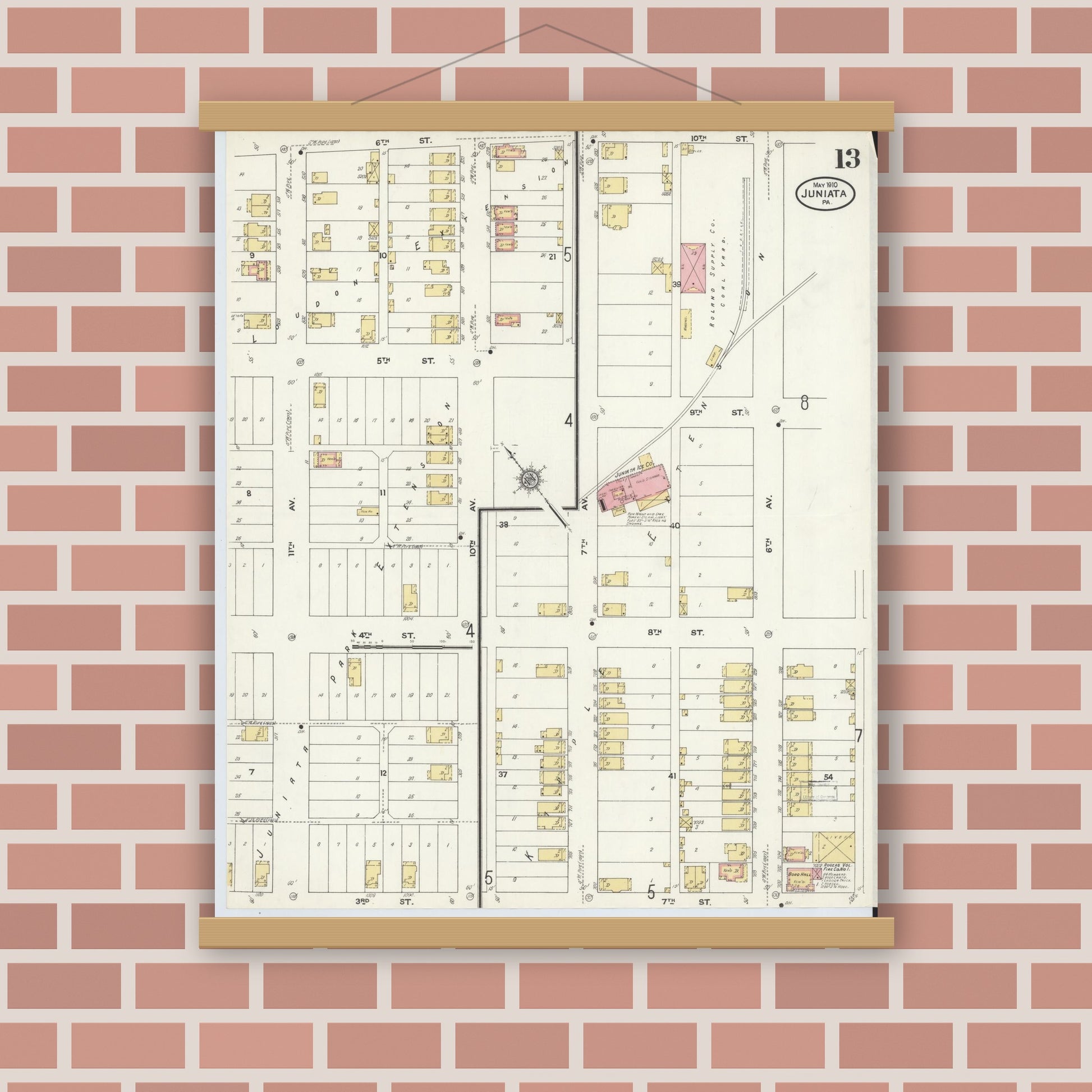 Old map wall art mockup — magnetic wood frame on brick wall — Sanborn Fire Insurance Map from Juniata, Blair County, Pennsylvania (1910), Sheet #0013