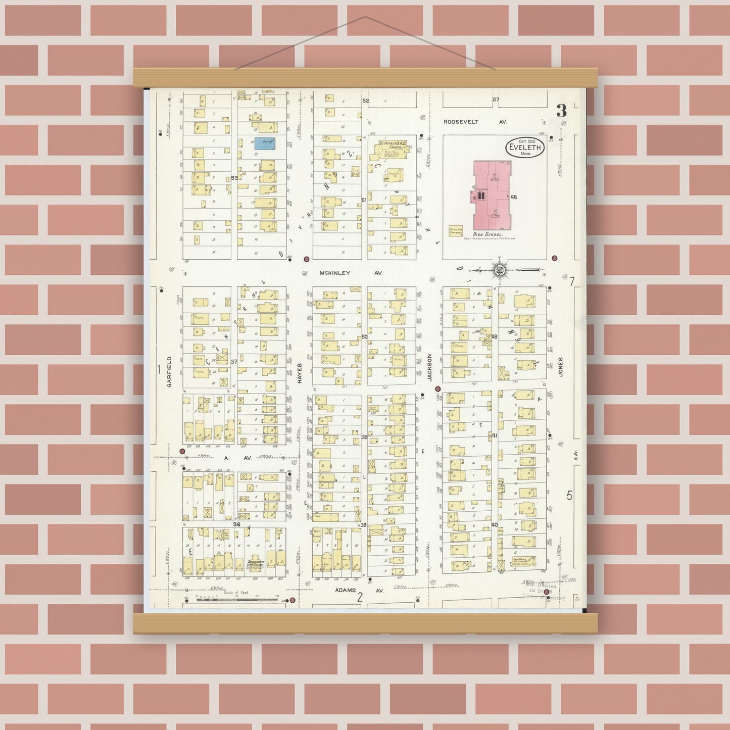 Old map wall art mockup — magnetic wood frame on brick wall — Sanborn Fire Insurance Map from Eveleth, Saint Louis County, Minnesota (1912), Sheet #0003