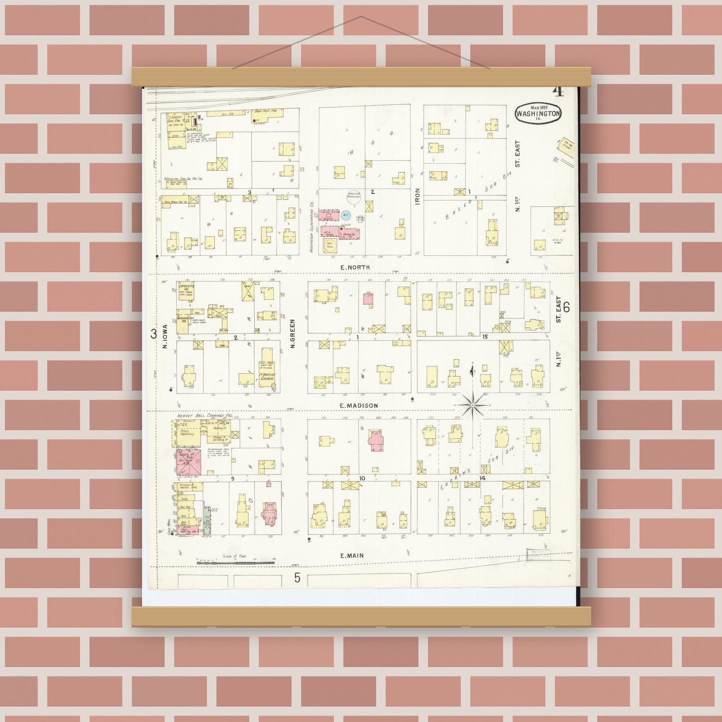 Old map wall art mockup — magnetic wood frame on brick wall — Sanborn Fire Insurance Map from Washington, Washington County, Iowa (1897), Sheet #0004
