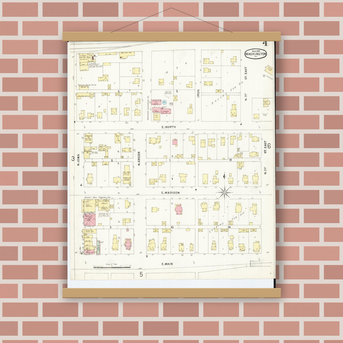 Old map wall art mockup — magnetic wood frame on brick wall — Sanborn Fire Insurance Map from Washington, Washington County, Iowa (1897), Sheet #0004