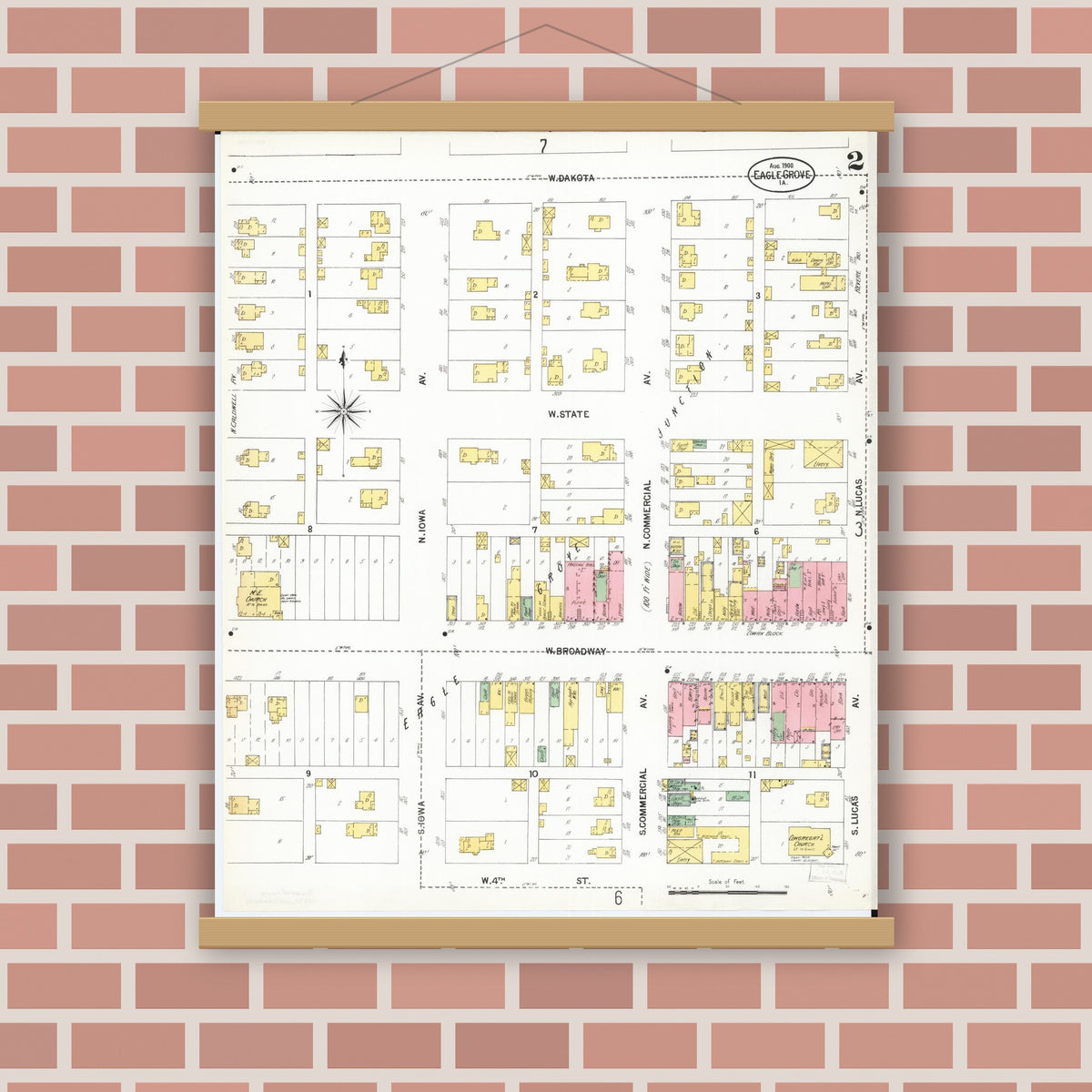 Old map wall art mockup — magnetic wood frame on brick wall — Sanborn Fire Insurance Map from Eagle Grove, Wright County, Iowa (1900), Sheet #0002