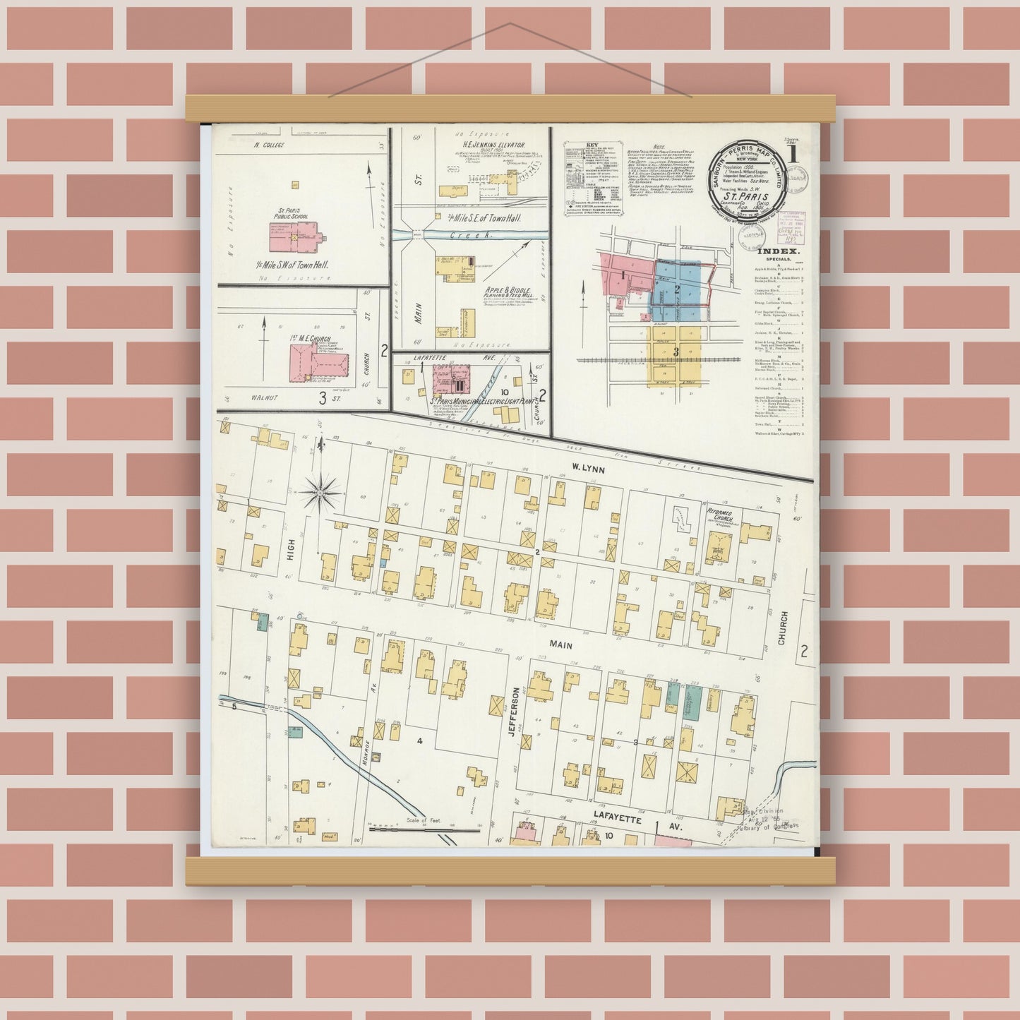 Old map wall art mockup — magnetic wood frame on brick wall — Sanborn Fire Insurance Map from Saint Paris, Champaign County, Ohio (1901) - Complete Map Set