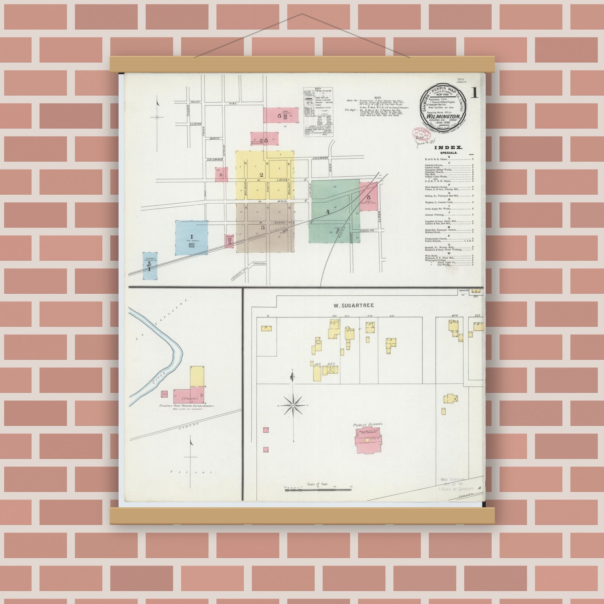 Old map wall art mockup — magnetic wood frame on brick wall — Sanborn Fire Insurance Map from Wilmington, Clinton County, Ohio (1895), Sheet #0001