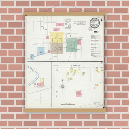 Old map wall art mockup — magnetic wood frame on brick wall — Sanborn Fire Insurance Map from Wilmington, Clinton County, Ohio (1895), Sheet #0001