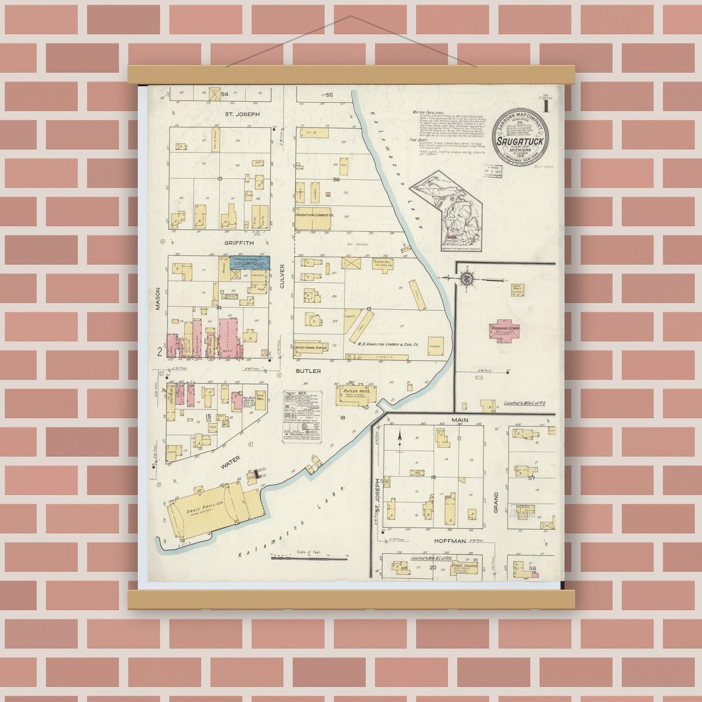Old map wall art mockup — magnetic wood frame on brick wall — Sanborn Fire Insurance Map from Saugatuck, Allegan County, Michigan (1916) - Complete Map Set
