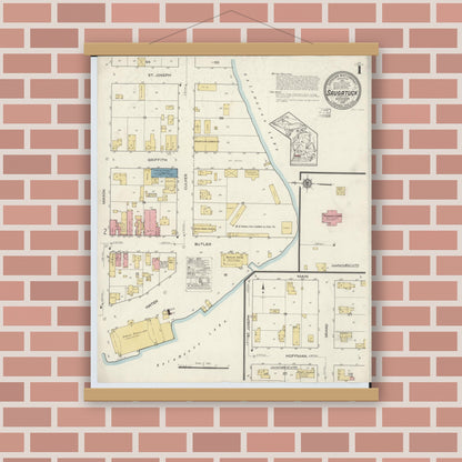 Old map wall art mockup — magnetic wood frame on brick wall — Sanborn Fire Insurance Map from Saugatuck, Allegan County, Michigan (1916) - Complete Map Set