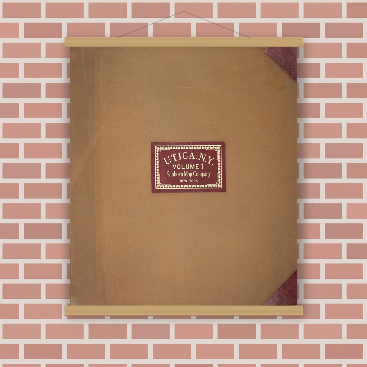 Old map wall art mockup — magnetic wood frame on brick wall — Sanborn Fire Insurance Map from Utica, Oneida County, New York (1950), Sheet #0001