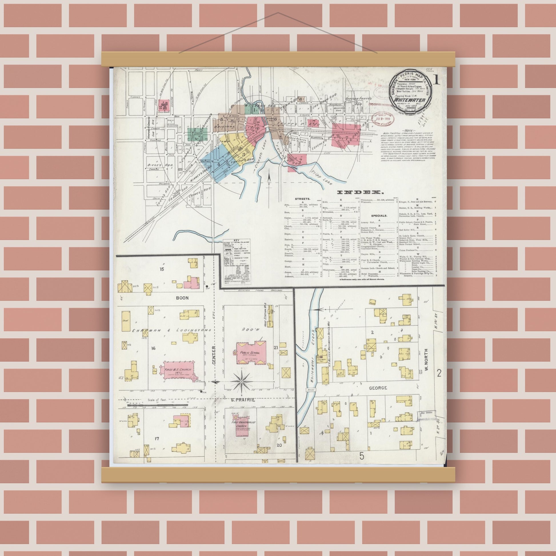 Old map wall art mockup — magnetic wood frame on brick wall — Sanborn Fire Insurance Map from Whitewater, Walworth County, Wisconsin (1898), Sheet #0001