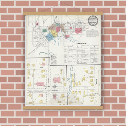 Old map wall art mockup — magnetic wood frame on brick wall — Sanborn Fire Insurance Map from Whitewater, Walworth County, Wisconsin (1898), Sheet #0001