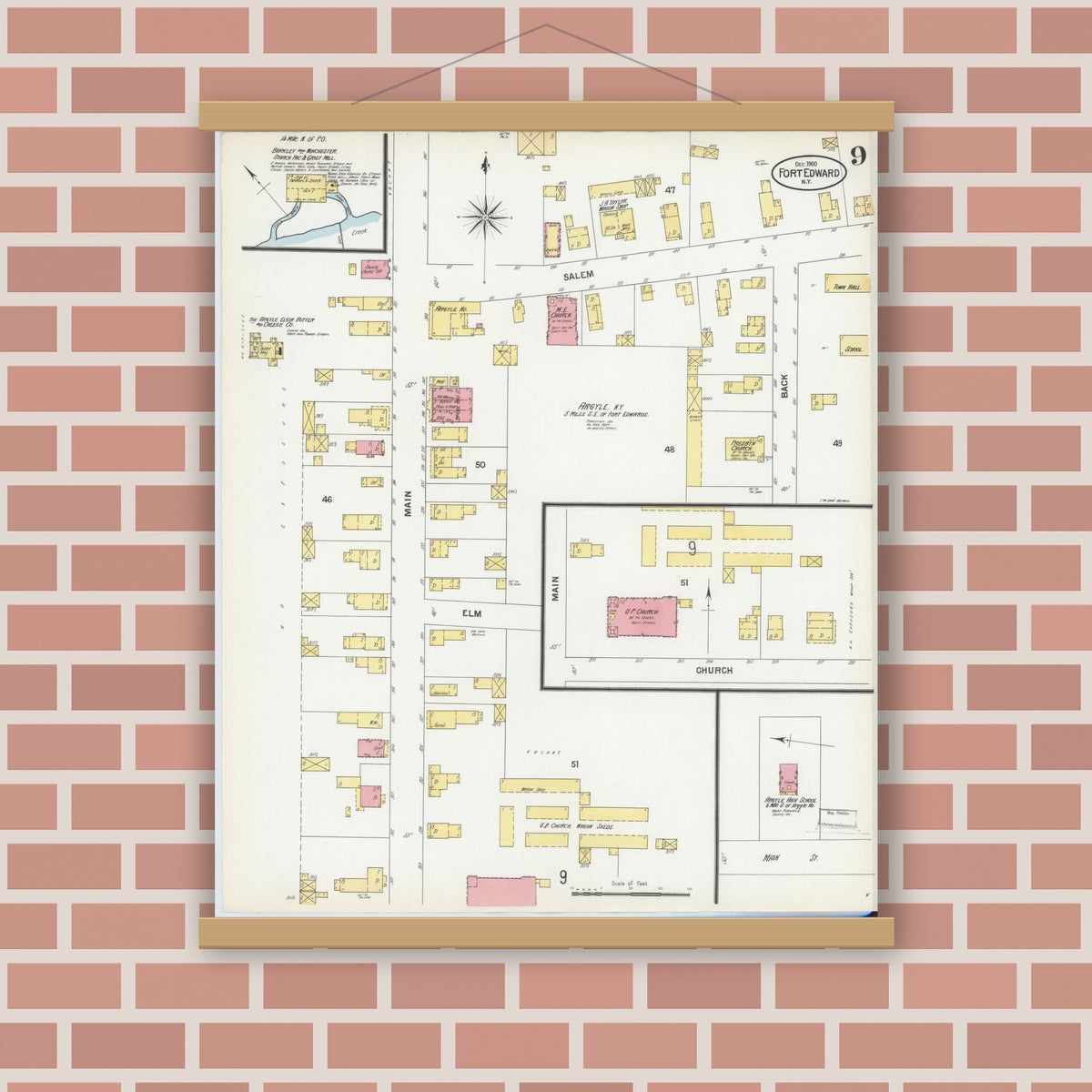 Old map wall art mockup — magnetic wood frame on brick wall — Sanborn Fire Insurance Map from Fort Edward, Washington County, New York (1900), Sheet #0009