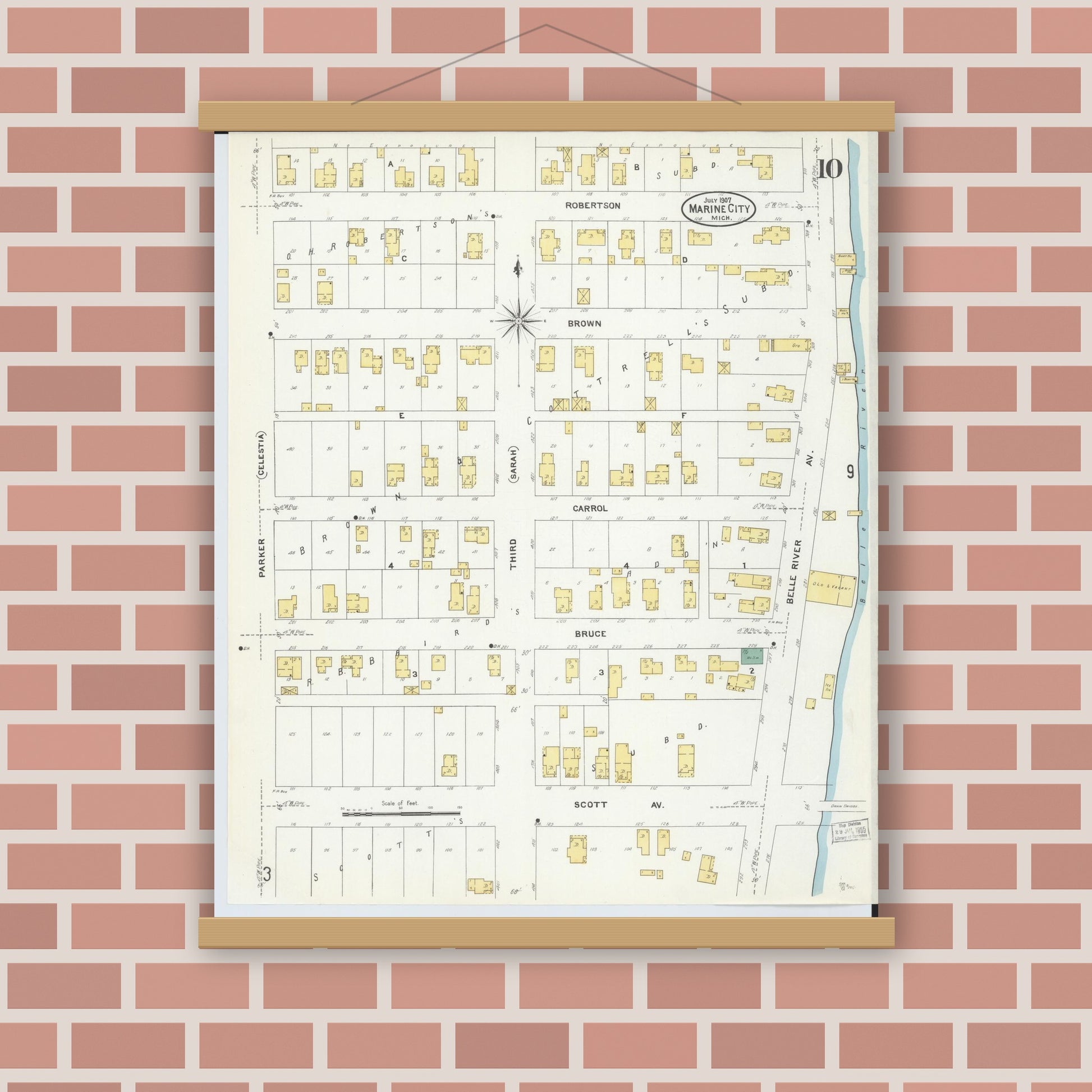 Old map wall art mockup — magnetic wood frame on brick wall — Sanborn Fire Insurance Map from Marine City, Saint Clair County, Michigan (1907), Sheet #0010
